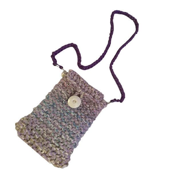 Hand-crocheted necklace pouch in heather purple