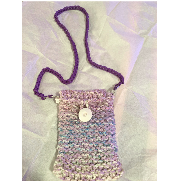 Hand-crocheted necklace pouch in lavender and rose