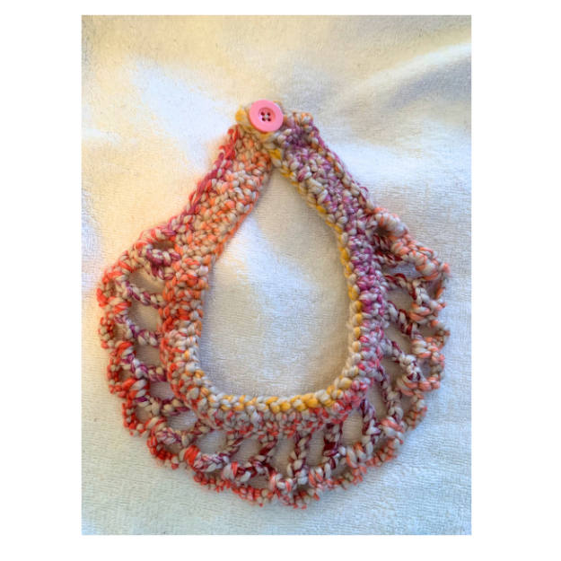 Crocheted teardrop bib necklace in autumn tones