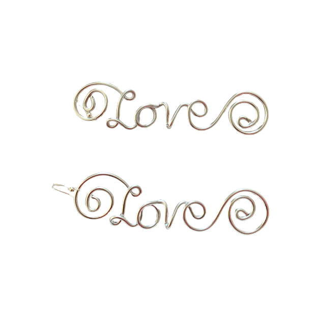Silver wire Love script earrings