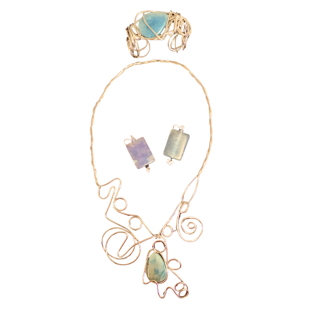 Wire-wrapped gemstone jewelry set with necklace, cuff and earrings
