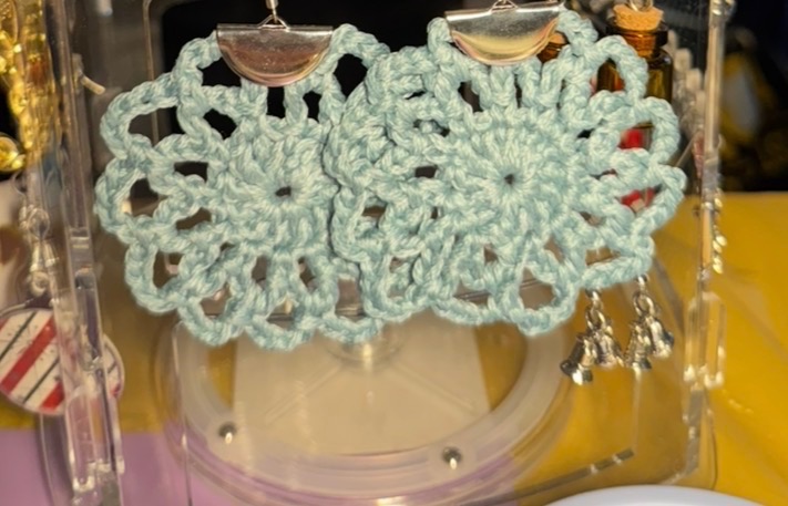Crocheted lace earrings in mint with bell charms