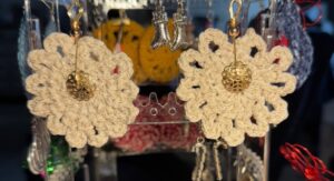 Crocheted Flower Earrings in Cream and Gold-image