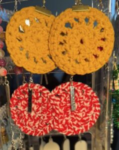 Crocheted Round Earrings in Mustard and Candy Stripe-image