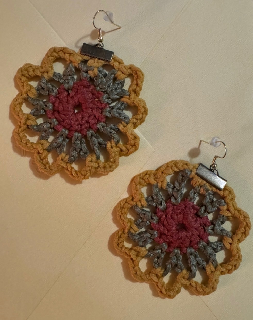 Crocheted Mandala Earrings in Ochre and Rose-image